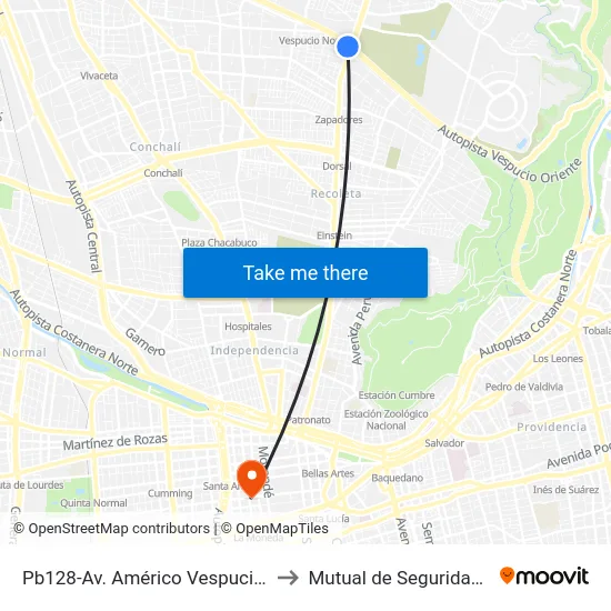 Pb128-Av. Américo Vespucio / Esq. Avenida Recoleta to Mutual de Seguridad C.Ch.C. Agustinas map