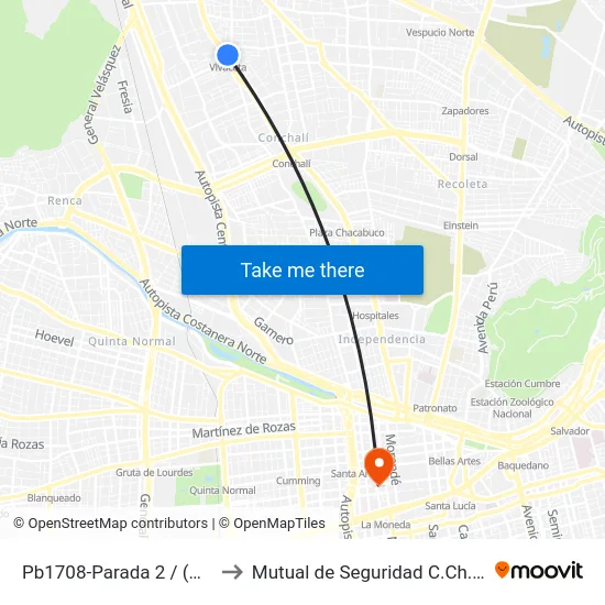 Pb1708-Parada 2 / (M) Vivaceta to Mutual de Seguridad C.Ch.C. Agustinas map