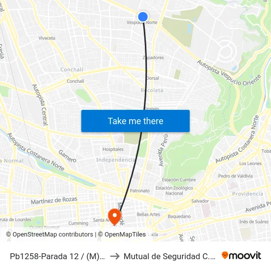 Pb1258-Parada 12 / (M) Vespucio Norte to Mutual de Seguridad C.Ch.C. Agustinas map