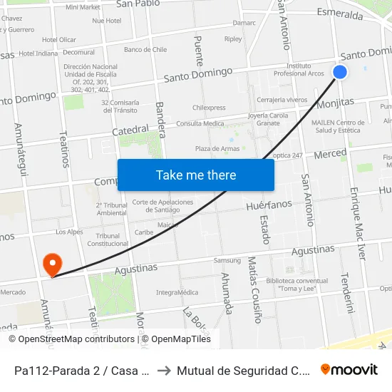 Pa112-Parada 2 / Casa De Los Velasco to Mutual de Seguridad C.Ch.C. Agustinas map
