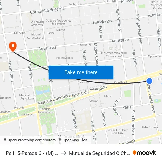 Pa115-Parada 6 / (M) Santa Lucía to Mutual de Seguridad C.Ch.C. Agustinas map