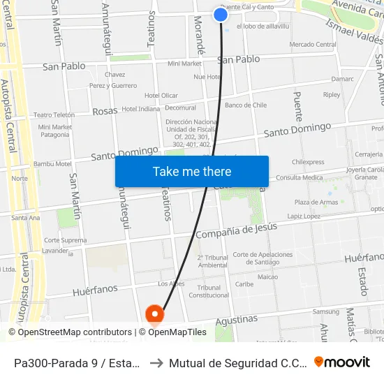 Pa300-Parada 9 / Estación Mapocho to Mutual de Seguridad C.Ch.C. Agustinas map