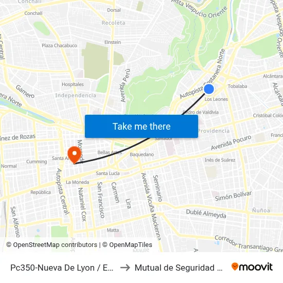 Pc350-Nueva De Lyon / Esq. Av. Andrés Bello to Mutual de Seguridad C.Ch.C. Agustinas map