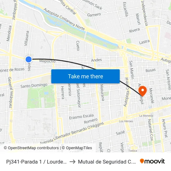 Pj341-Parada 1 / Lourdes - Av. Mapocho to Mutual de Seguridad C.Ch.C. Agustinas map