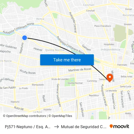 Pj571-Neptuno / Esq. Avenida Carrascal to Mutual de Seguridad C.Ch.C. Agustinas map