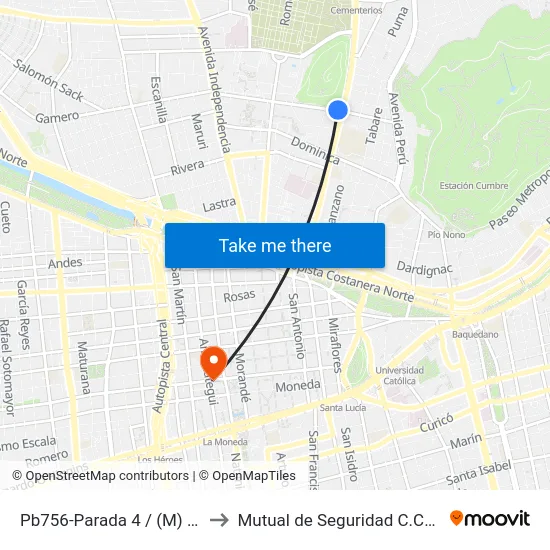 Pb756-Parada 4 / (M) Cerro Blanco to Mutual de Seguridad C.Ch.C. Agustinas map