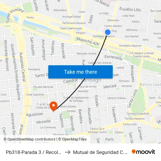 Pb318-Parada 3 / Recoleta Franciscana to Mutual de Seguridad C.Ch.C. Agustinas map