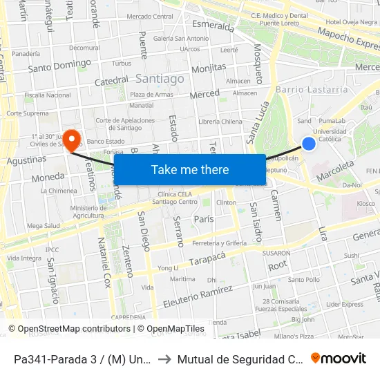 Pa341-Parada 3 / (M) Universidad Católica to Mutual de Seguridad C.Ch.C. Agustinas map
