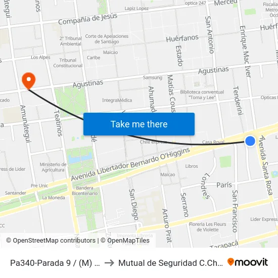 Pa340-Parada 9 / (M) Santa Lucía to Mutual de Seguridad C.Ch.C. Agustinas map