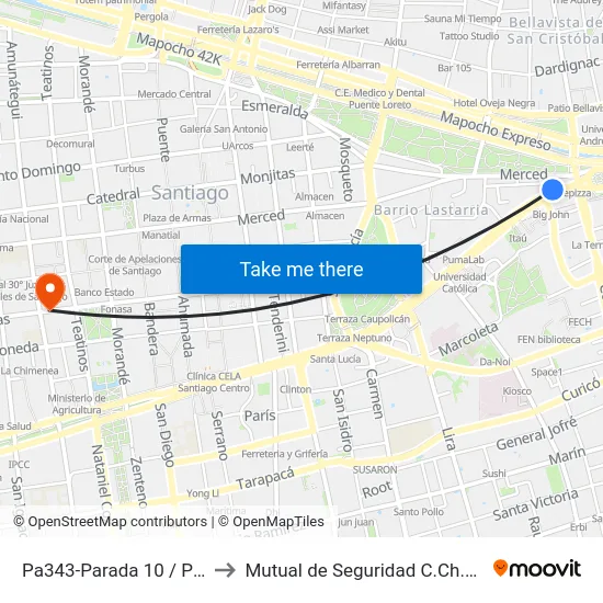 Pa343-Parada 10 / Plaza Italia to Mutual de Seguridad C.Ch.C. Agustinas map