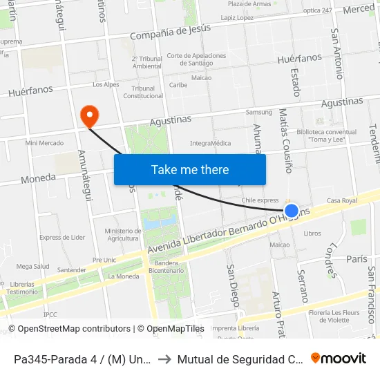 Pa345-Parada 4 / (M) Universidad De Chile to Mutual de Seguridad C.Ch.C. Agustinas map