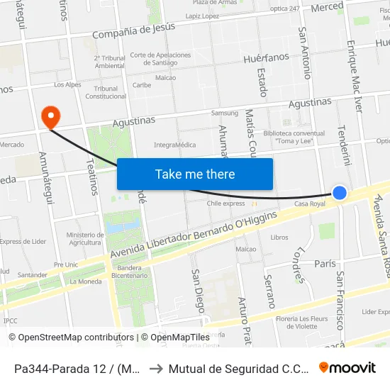 Pa344-Parada 12 / (M) Santa Lucía to Mutual de Seguridad C.Ch.C. Agustinas map
