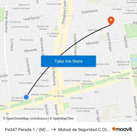 Pa347-Parada 1 / (M) Los Héroes to Mutual de Seguridad C.Ch.C. Agustinas map