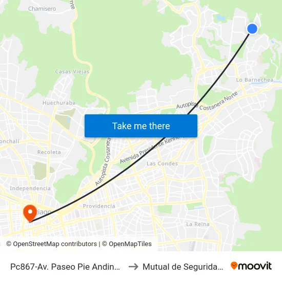 Pc867-Av. Paseo Pie Andino / Esq. Cam. El Huinganal to Mutual de Seguridad C.Ch.C. Agustinas map