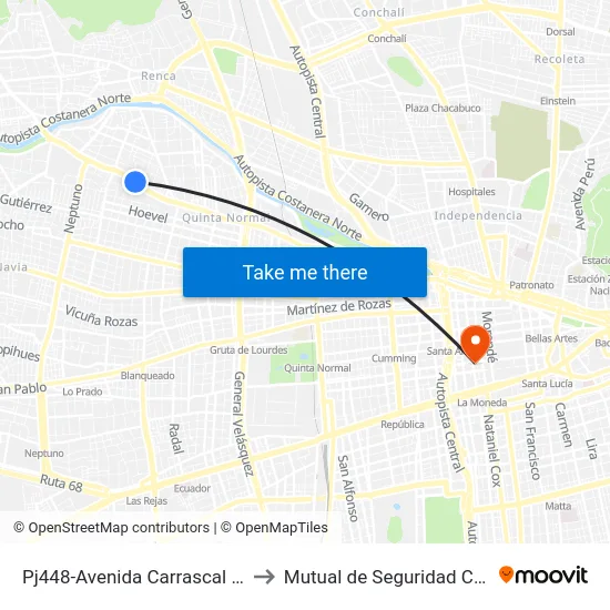 Pj448-Avenida Carrascal / Esq. Catamarca to Mutual de Seguridad C.Ch.C. Agustinas map