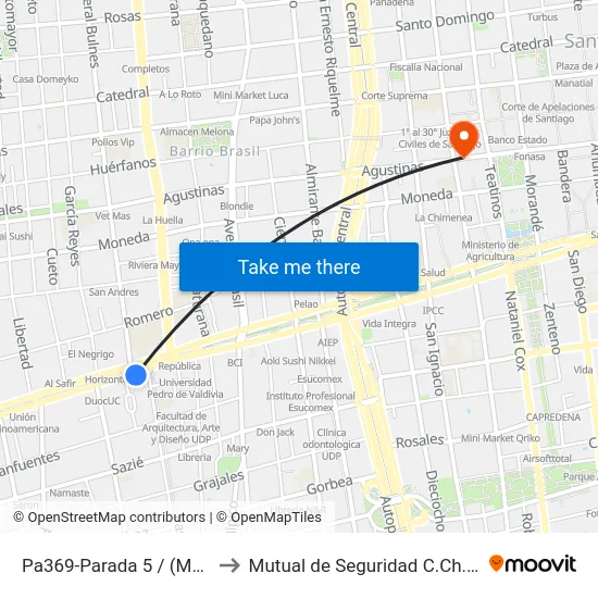 Pa369-Parada 5 / (M) República to Mutual de Seguridad C.Ch.C. Agustinas map