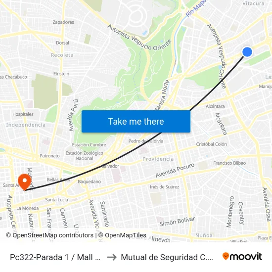 Pc322-Parada 1 / Mall Parque Arauco to Mutual de Seguridad C.Ch.C. Agustinas map