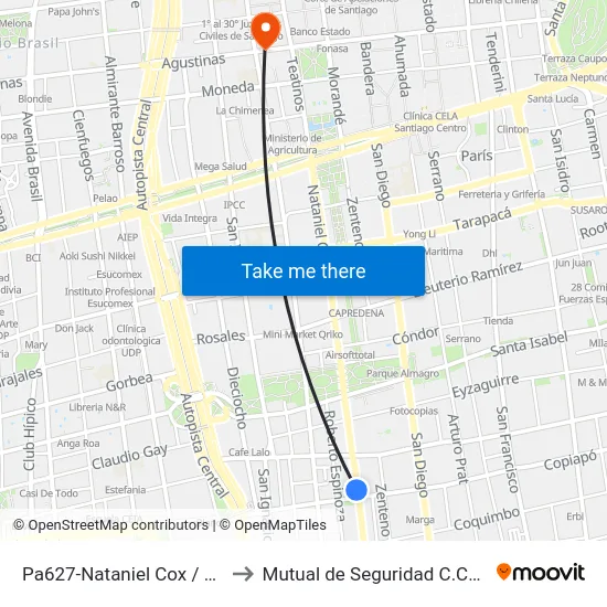 Pa627-Nataniel Cox / Esq. Copiapó to Mutual de Seguridad C.Ch.C. Agustinas map