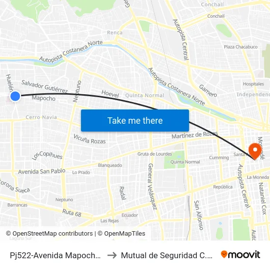 Pj522-Avenida Mapocho / Esq. Huelén to Mutual de Seguridad C.Ch.C. Agustinas map