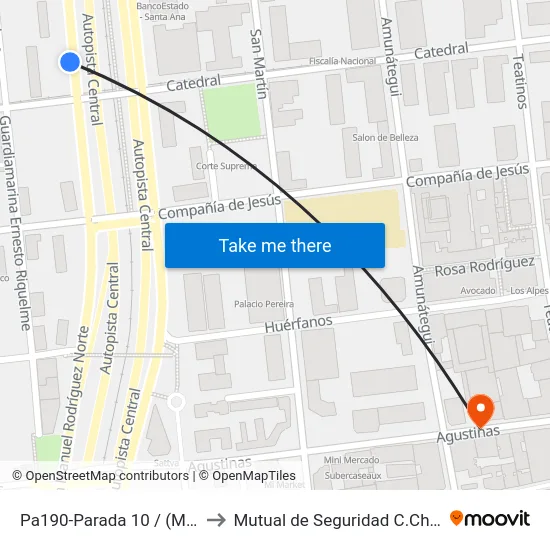 Pa190-Parada 10 / (M) Santa Ana to Mutual de Seguridad C.Ch.C. Agustinas map