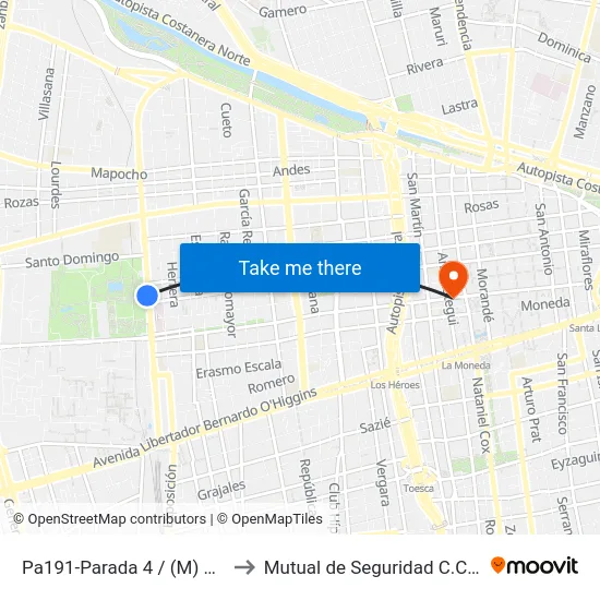 Pa191-Parada 4 / (M) Quinta Normal to Mutual de Seguridad C.Ch.C. Agustinas map