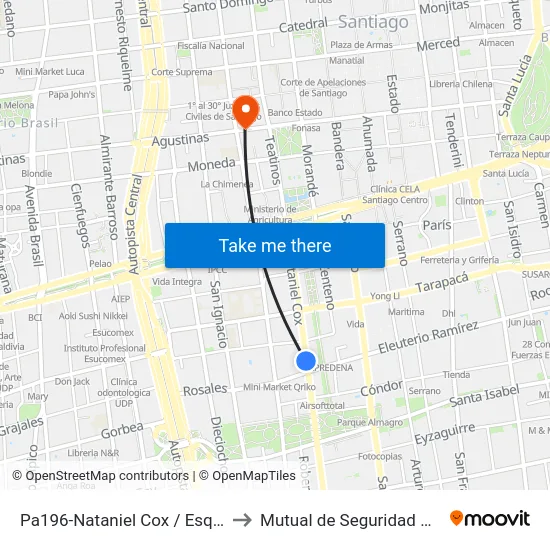 Pa196-Nataniel Cox / Esq. Eleuterio Ramírez to Mutual de Seguridad C.Ch.C. Agustinas map