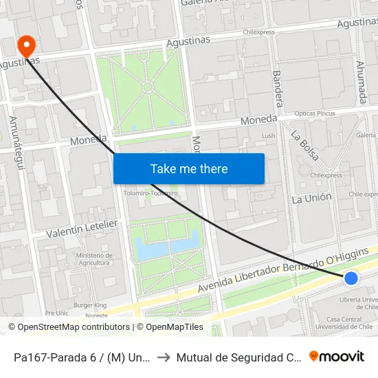 Pa167-Parada 6 / (M) Universidad De Chile to Mutual de Seguridad C.Ch.C. Agustinas map