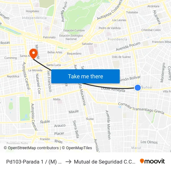 Pd103-Parada 1 / (M) Chile España to Mutual de Seguridad C.Ch.C. Agustinas map