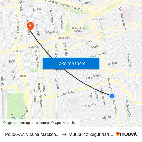 Pd206-Av. Vicuña Mackenna / Esq. Santa Elvira to Mutual de Seguridad C.Ch.C. Agustinas map