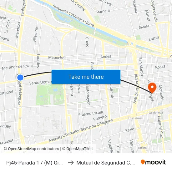 Pj45-Parada 1 / (M) Gruta De Lourdes to Mutual de Seguridad C.Ch.C. Agustinas map