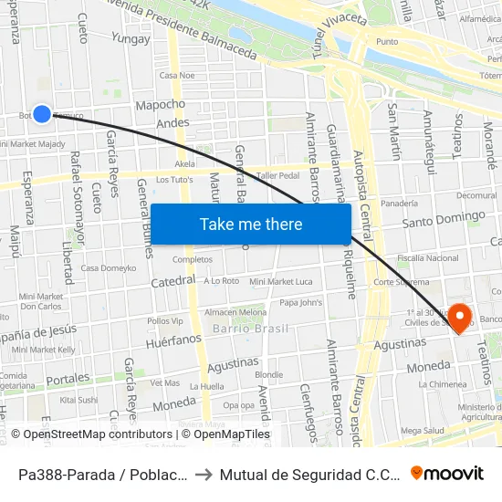 Pa388-Parada / Población Mapocho to Mutual de Seguridad C.Ch.C. Agustinas map