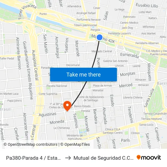 Pa380-Parada 4 / Estación Mapocho to Mutual de Seguridad C.Ch.C. Agustinas map