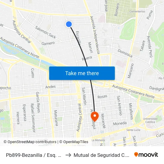 Pb899-Bezanilla / Esq. Emilio Oelckers to Mutual de Seguridad C.Ch.C. Agustinas map