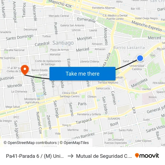 Pa41-Parada 6 / (M) Universidad Católica to Mutual de Seguridad C.Ch.C. Agustinas map