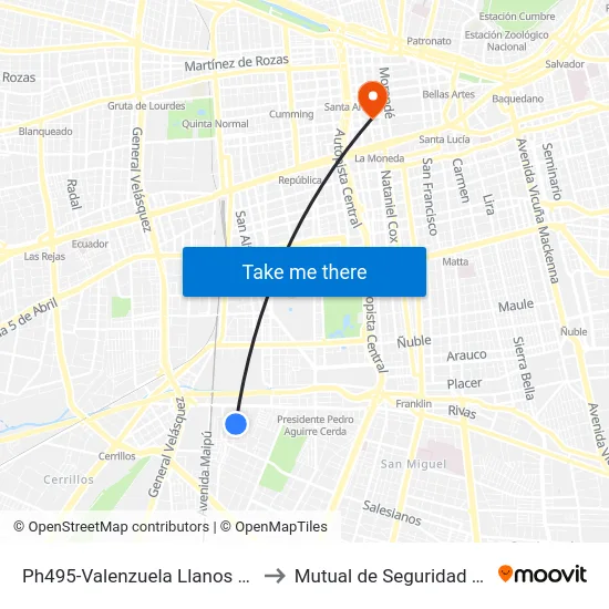 Ph495-Valenzuela Llanos / Esq. Elmin Moissan to Mutual de Seguridad C.Ch.C. Agustinas map