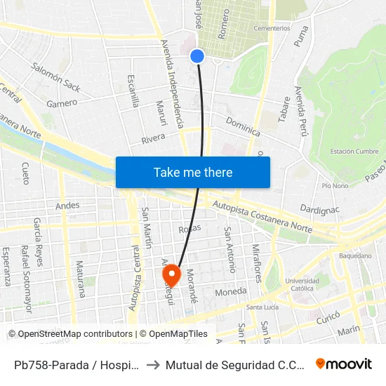 Pb758-Parada / Hospital San José to Mutual de Seguridad C.Ch.C. Agustinas map