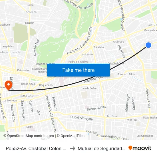 Pc552-Av. Cristóbal Colón / Esq. Sebastián Elcano to Mutual de Seguridad C.Ch.C. Agustinas map