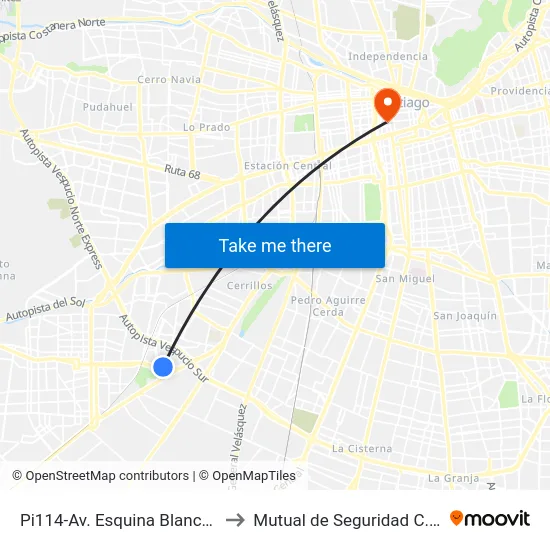 Pi114-Av. Esquina Blanca / Esq. Los Tilos to Mutual de Seguridad C.Ch.C. Agustinas map