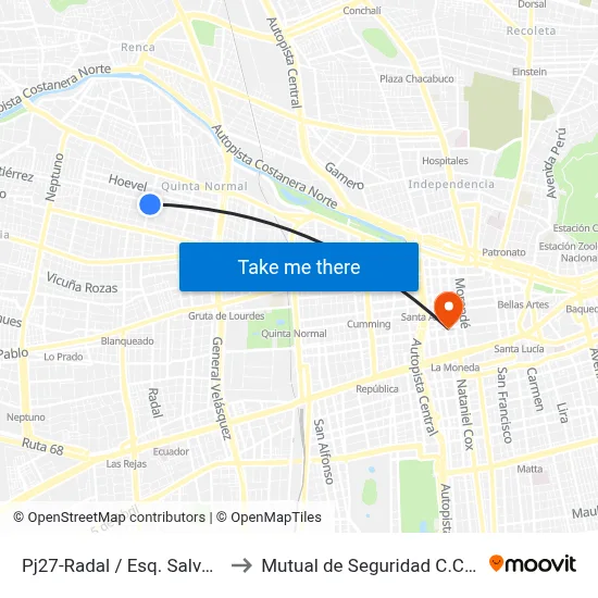 Pj27-Radal / Esq. Salvador Gutiérrez to Mutual de Seguridad C.Ch.C. Agustinas map