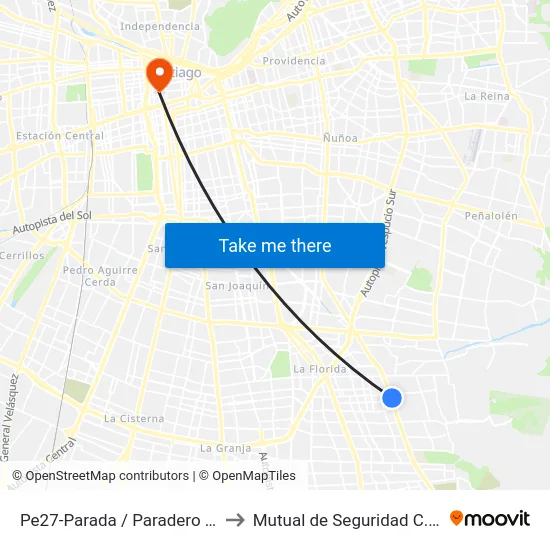 Pe27-Parada / Paradero 16 Av. La Florida to Mutual de Seguridad C.Ch.C. Agustinas map