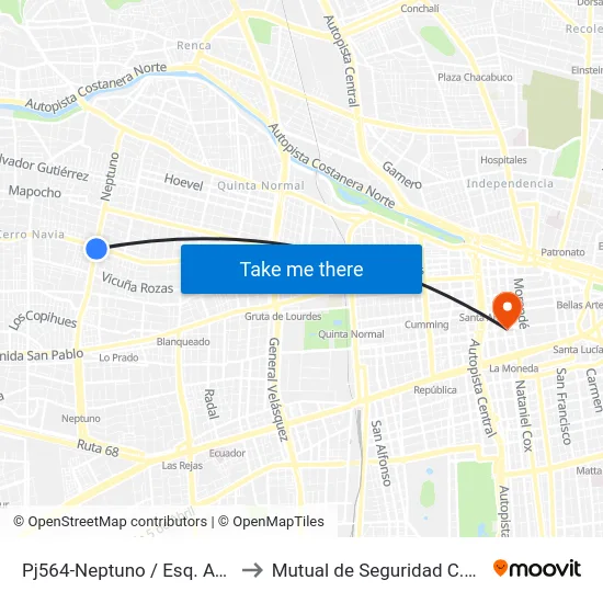 Pj564-Neptuno / Esq. Av. José J. Pérez to Mutual de Seguridad C.Ch.C. Agustinas map