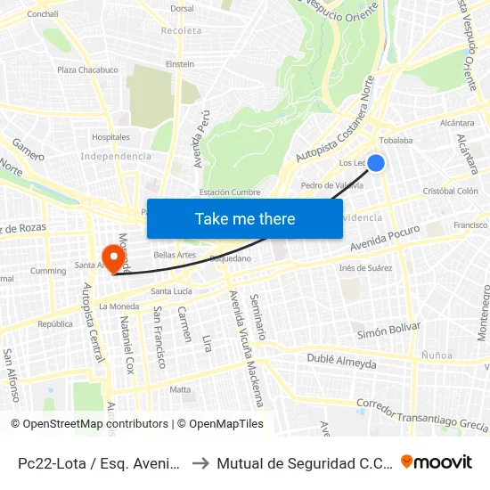 Pc22-Lota / Esq. Avenida Los Leones to Mutual de Seguridad C.Ch.C. Agustinas map