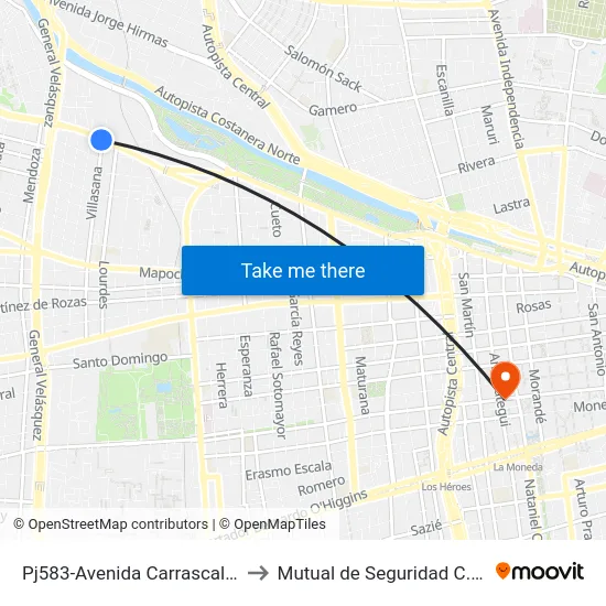 Pj583-Avenida Carrascal / Esq. Villasana to Mutual de Seguridad C.Ch.C. Agustinas map
