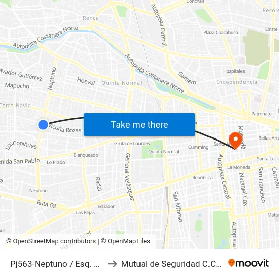 Pj563-Neptuno / Esq. Vicuña Rozas to Mutual de Seguridad C.Ch.C. Agustinas map