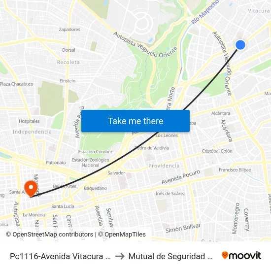 Pc1116-Avenida Vitacura / Esq. Luis Pasteur to Mutual de Seguridad C.Ch.C. Agustinas map
