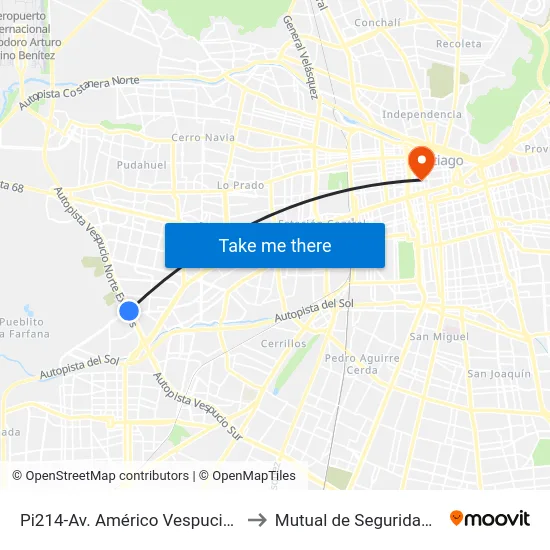 Pi214-Av. Américo Vespucio / Esq. Avenida El Rosal to Mutual de Seguridad C.Ch.C. Agustinas map