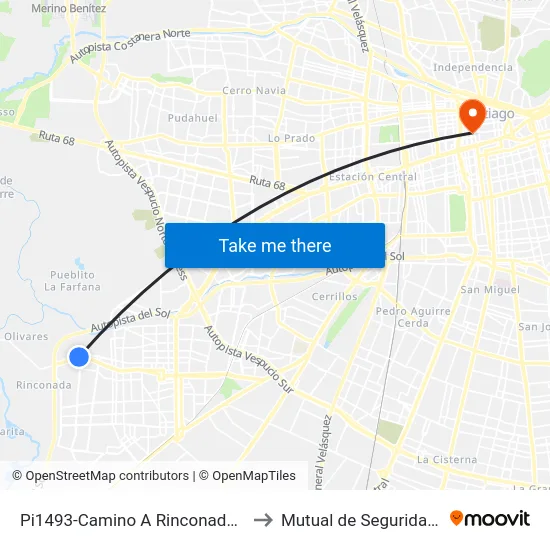 Pi1493-Camino A Rinconada / Esq. Pasaje Santo Padre to Mutual de Seguridad C.Ch.C. Agustinas map