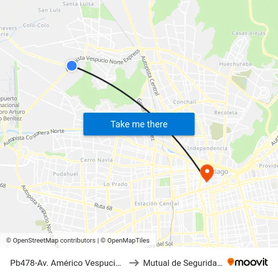 Pb478-Av. Américo Vespucio / Esq. Camino Lo Echevers to Mutual de Seguridad C.Ch.C. Agustinas map