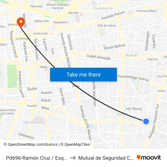 Pd696-Ramón Cruz / Esq. Las Madreselvas to Mutual de Seguridad C.Ch.C. Agustinas map