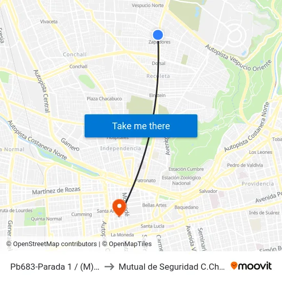 Pb683-Parada 1 / (M) Zapadores to Mutual de Seguridad C.Ch.C. Agustinas map
